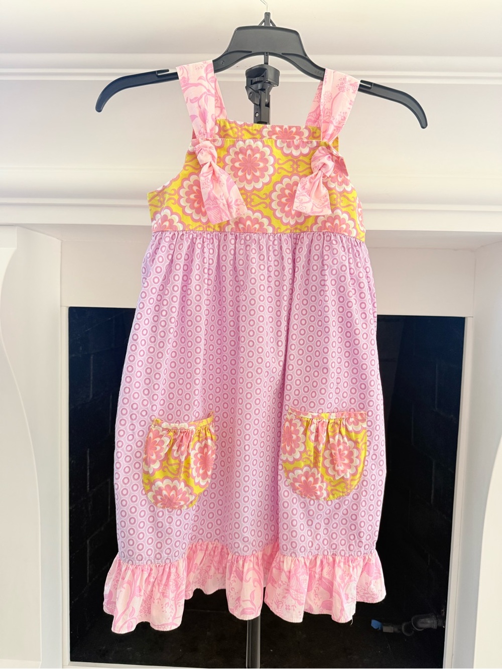 Girls Pink & Yellow Floral Tie-Shoulder Dress